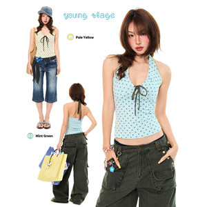 Young Stage American-Style Star-Print Halter Neck Sleeveless Tank Top for Women, Summer Slim-Fit Short Top, Trendy