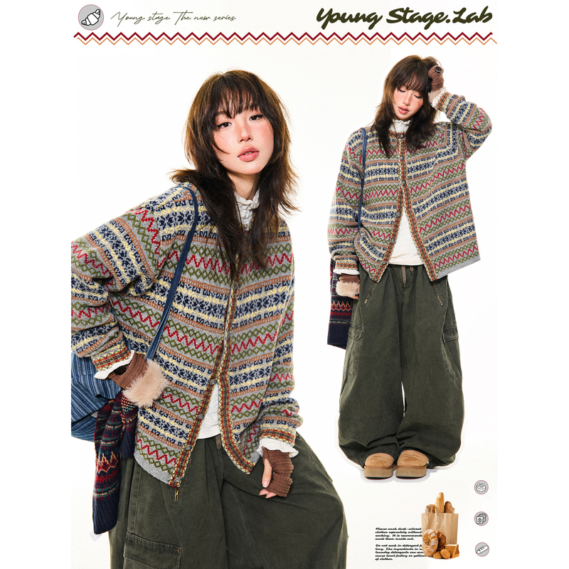 Young Stage Fair Isle Jacquard Sweater Jacket for Women, Winter 100% Wool, Lazy Loose Knit Cardigan