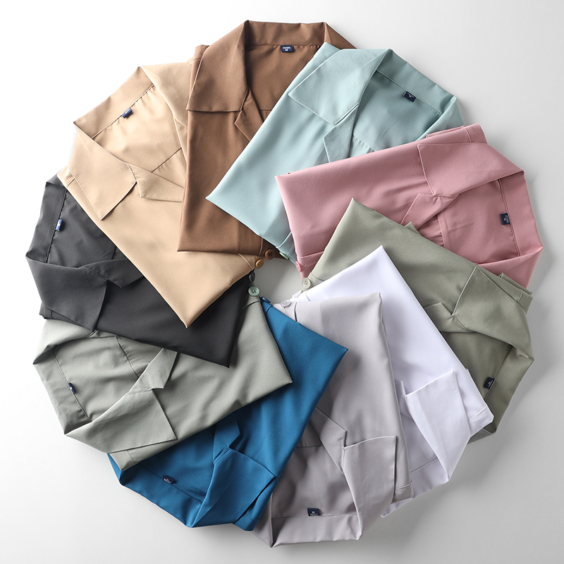 Stylish! American-Style Cuban Collar! oz Style! New Summer Retro Men's Solid Color Loose Short-Sleeve Shirt