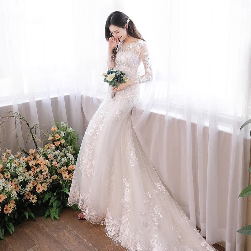 Mermaid Long-Sleeve Wedding Dress 2021 New Slim-Fit Bridal Gown for Petite Women with a Train, Forest Style, Simple and Slimming