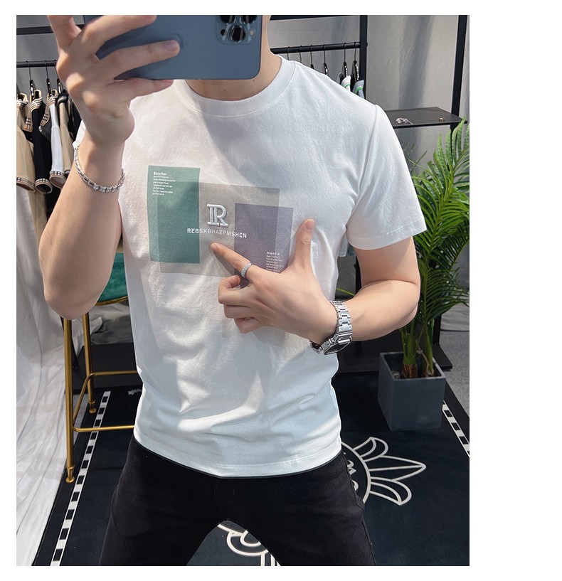 欧洲站短袖男潮牌夏季新款时尚简约印花T恤欧货青年纯棉修身衣服详情5
