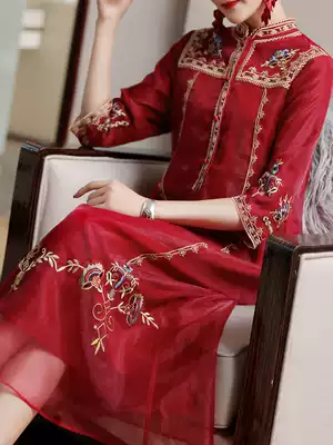 Cheongsam women's summer improved version of Western dress Hanfu embroidery Chinese medium and long version of Tang dress national style retro ethnic style women's clothing