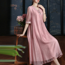 Improved version of cheongsam ethnic dress retro Chinese style womens summer new short-sleeved Chinese Hanfu long