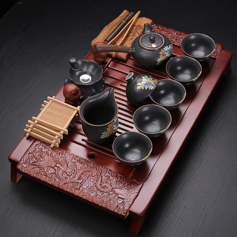 Old kung fu tea set at the grid suit household solid wood carving of a complete set of tea tray hand - made ceramic your up with cups of tea