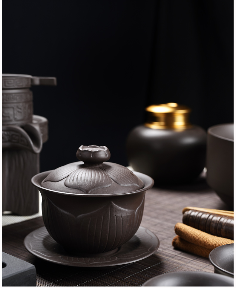 Old & at the case of a complete set of lotus raw ore violet arenaceous kung fu tea set suit household contracted teapot teacup tea caddy fixings