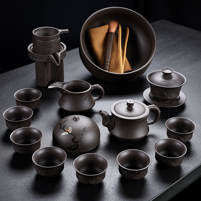 Old household undressed ore at the grid violet arenaceous chorale bamboo kung fu tea set contracted teapot teacup tureen tea of a complete set of device