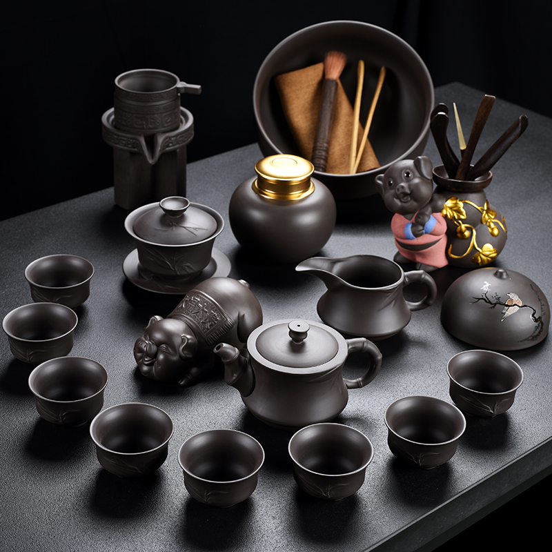 Old household undressed ore at the grid violet arenaceous chorale bamboo kung fu tea set contracted teapot teacup tureen tea of a complete set of device