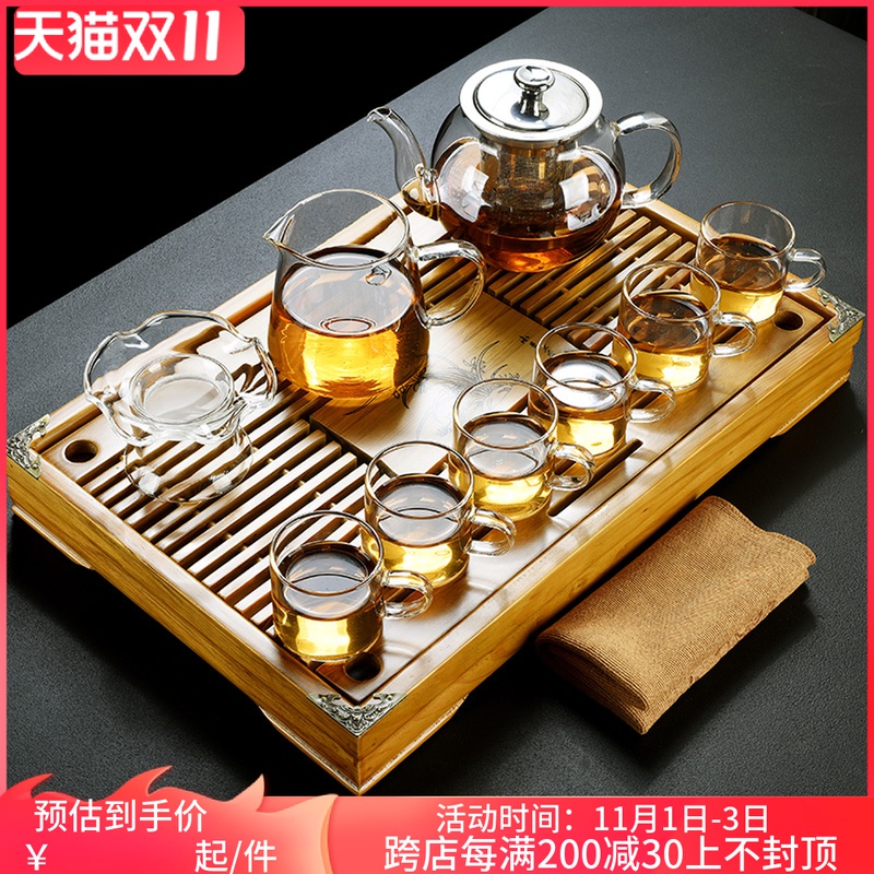 Transparent glass kung fu tea set home living room tea maker solid wood tea table simple bamboo tea tray cooking teapot