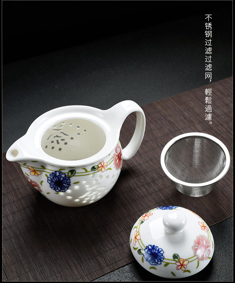 Old blue and white and exquisite ceramic filter, domestic large kung fu tea set at the teapot teacup set a pot of six glasses