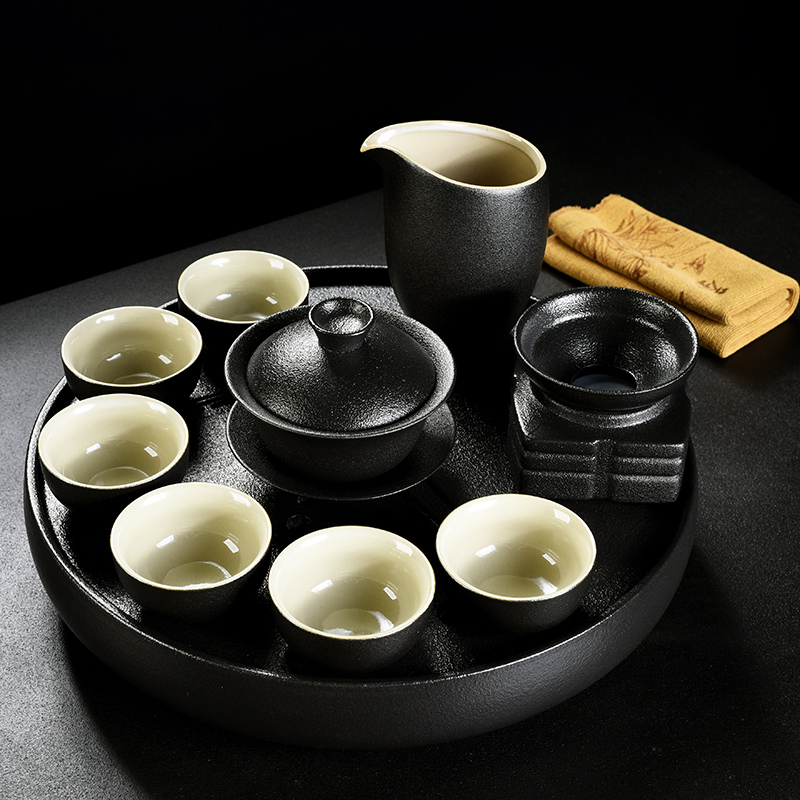 Old &, black pottery ceramic kung fu tea set bamboo sea water tea tray was solid wood tea home side the lid to use