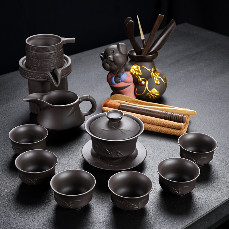 Old household undressed ore at the grid violet arenaceous chorale bamboo kung fu tea set contracted teapot teacup tureen tea of a complete set of device