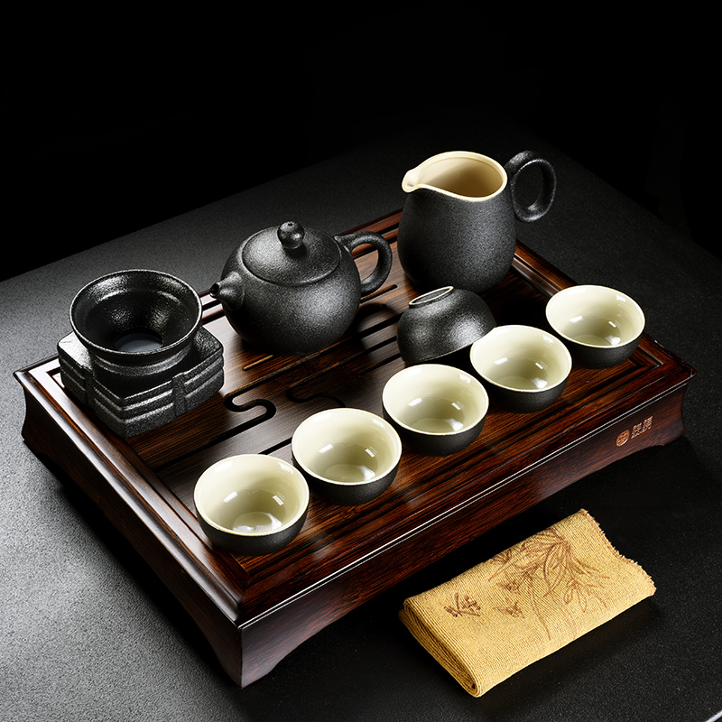 & old, black pottery xi shi teapot teacup ceramic tea set household kung fu real MuZhu tureen tea tray package