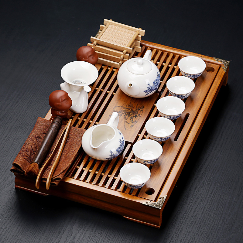 & old crack kung fu tea set, ceramic and exquisite ice solid wood drainage tea tray was small tea table office home outfit
