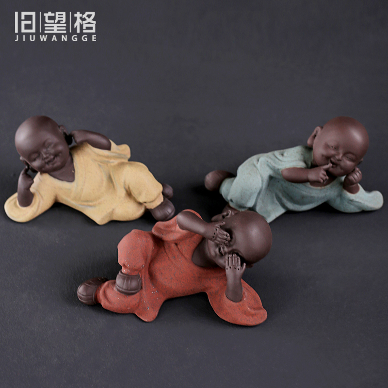 & old kung fu tea tea furnishing articles purple sand tea pet three small ceramic zen monk see colour sand the little novice monk