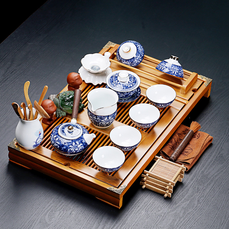 Old &, ceramic purple white porcelain kung fu tea set suits for stand solid wood tea tray was large drainage home tea table