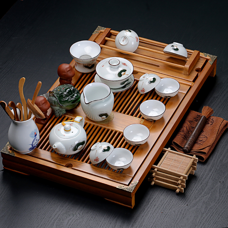 Purple Sand Ceramic Kongfu Tea Furniture Home Suit Large Solid Wood Cup Rack Drain Tea Tray Tea Table Accessories Whole Set