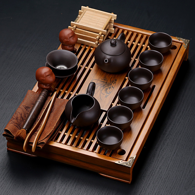 Purple sand ceramic kung fu tea set household tea cup simple office solid wood small tea tray drawer type tea table set