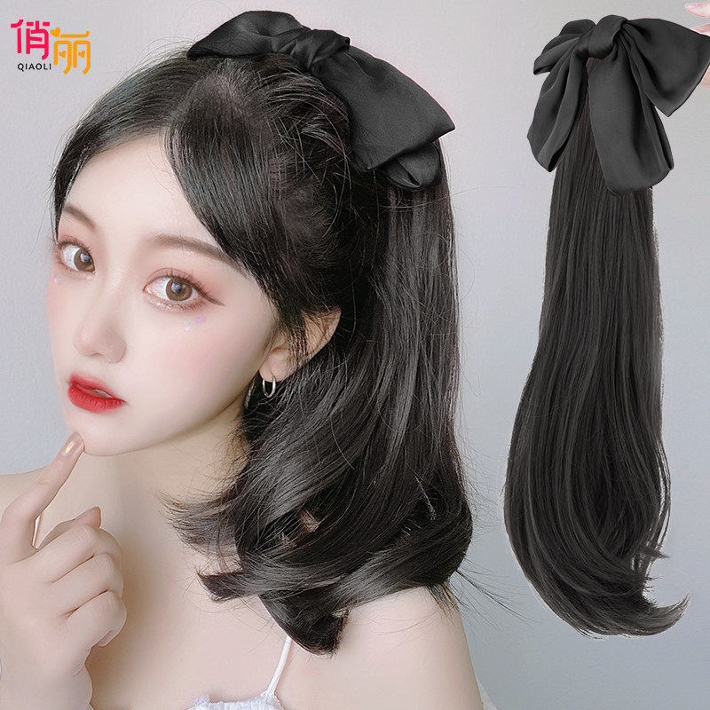 Ponytail wig female mid-length curly hair net red bow micro curl wig ponytail grasp clip strap type high ponytail braid
