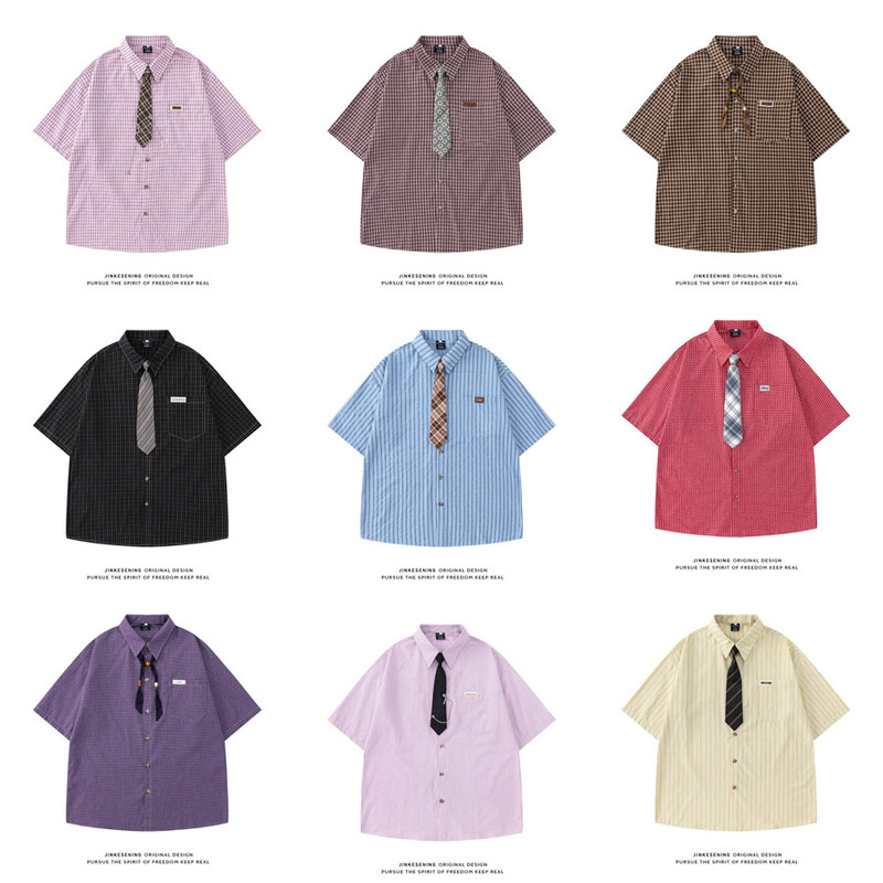 Hong Kong Style Retro Short-Sleeved Pure Cotton Tie Shirt for Men, Summer College Style, Cool and Stylish Design, Loose Korean Style Shirt for Women