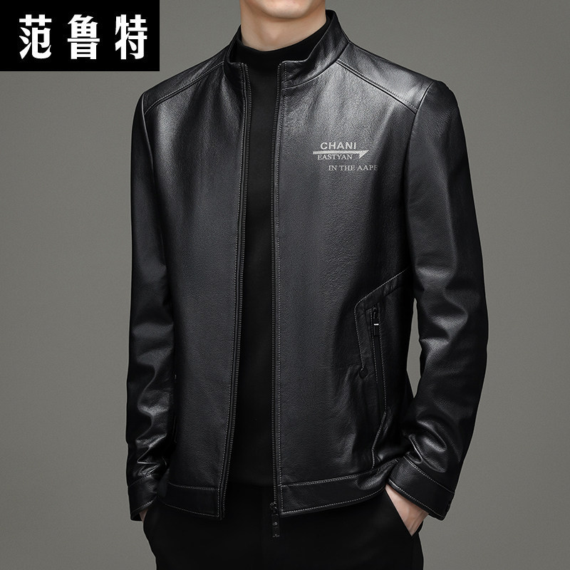 Autumn Winter Hainen genuine leather men's short leather clothing men's jacket standing collar floor Bull Leather Middle-aged Business Bull Leather Jacket Thick