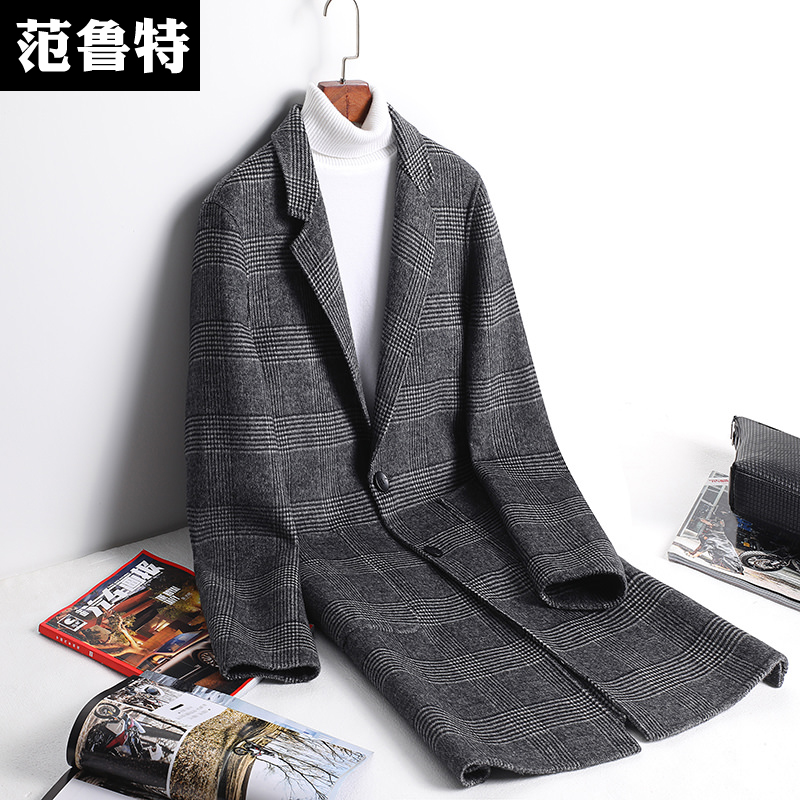 Autumn and winter double-sided woolen coat men's woolen woolen wool without cashmere padded medium and long coat houndstooth windbreaker