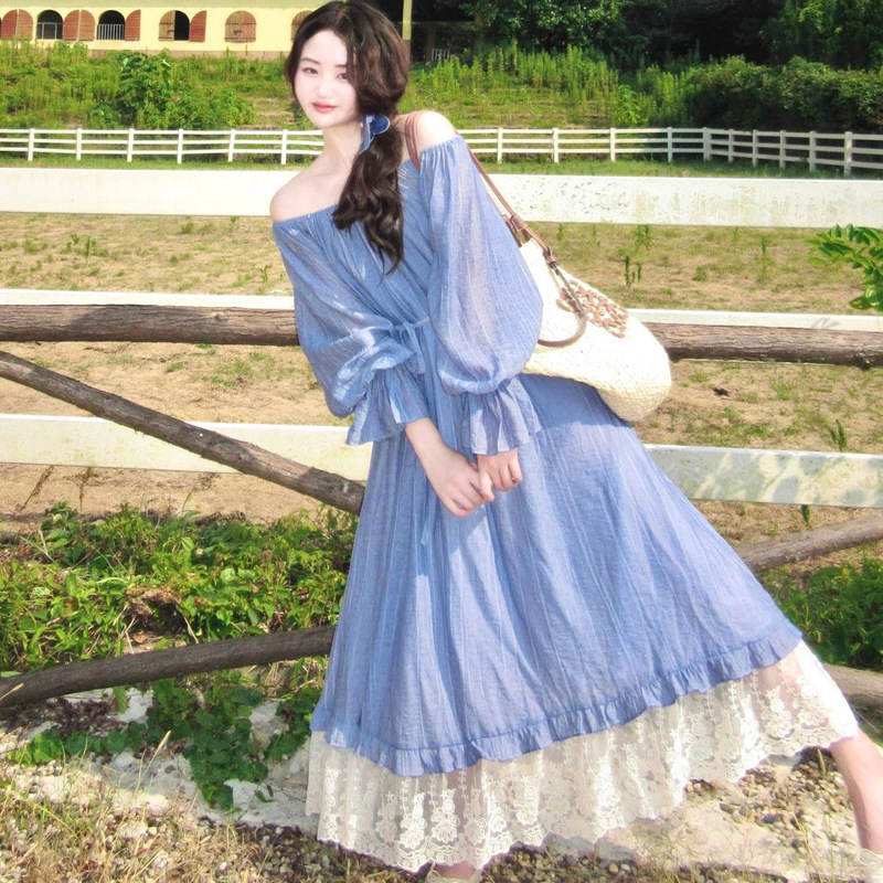 French Pastoral Resort Style Blue Off-Shoulder Dress, Plus Size, Lazy Style, Long Sleeves, Loose Fit, Covers the Body and Looks Slimming