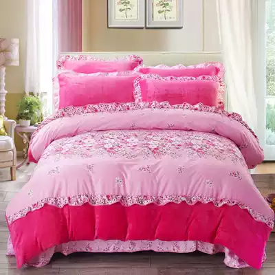 Short plush winter thickened four-piece set plus velvet warm blanket quilt cartoon bedding set female flannel