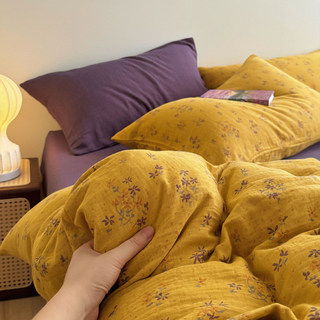 复古新中式碎花A类全棉色织提花双层纱被套三四件套1.8米宿舍被罩