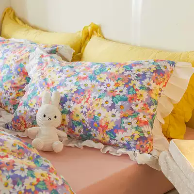 Ruffled cotton pillowcase a pair of small floral pillowcases 48 * 4cm literary style single lace pillow case