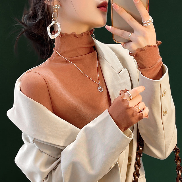 Turtleneck lace bottoming shirt with wood ears, women's spring and autumn style, long-sleeved thin gauze jacket, see-through mesh top