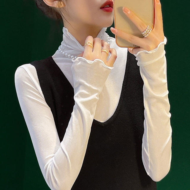 Turtleneck lace bottoming shirt with wood ears, women's spring and autumn style, long-sleeved thin gauze jacket, see-through mesh top