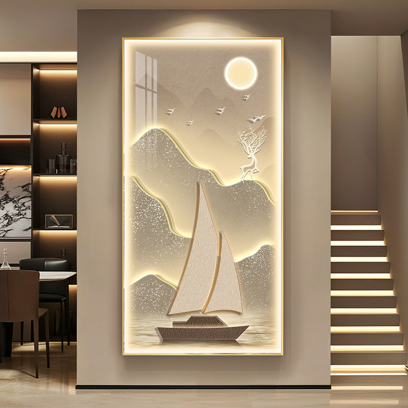 Smooth Sailing, Sun Shining over the Golden Mountains, Light Luxury Decorative Painting with Lights for Entryway, Hallway, and Corridor, High-End Wall Art Smooth Sailing, Sun Shining over the Golden Mountains, Light Luxury Decorative Painting with Lights for Entryway, Hallway, and Corridor, High-End Wall Art
