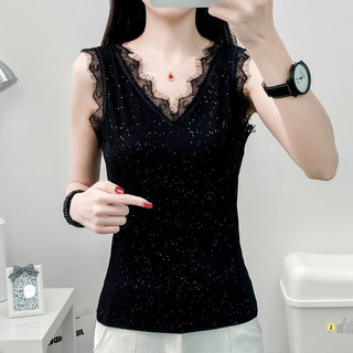 Sexy Lace V Neck Camisole for Women 2025 Spring and Summer New Style Sequined Slim Fit Inner Layering Shirt Sleeveless Top