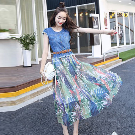 朵以牛仔连衣裙2018夏季新款女装坊雪纺百褶