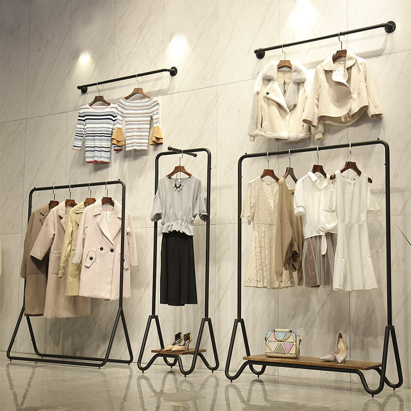 Exhibition beauty solid wood and iron retro clothing store clothing rack floor-type men's and women's clothing shelves antique women's wear display rack