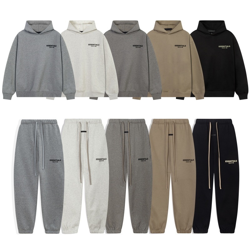 Fog Essentials Trendy High Street Letter Flocking Autumn and Winter Casual Fleece-Lined Hooded Sweatshirt and Pants Set for Men
