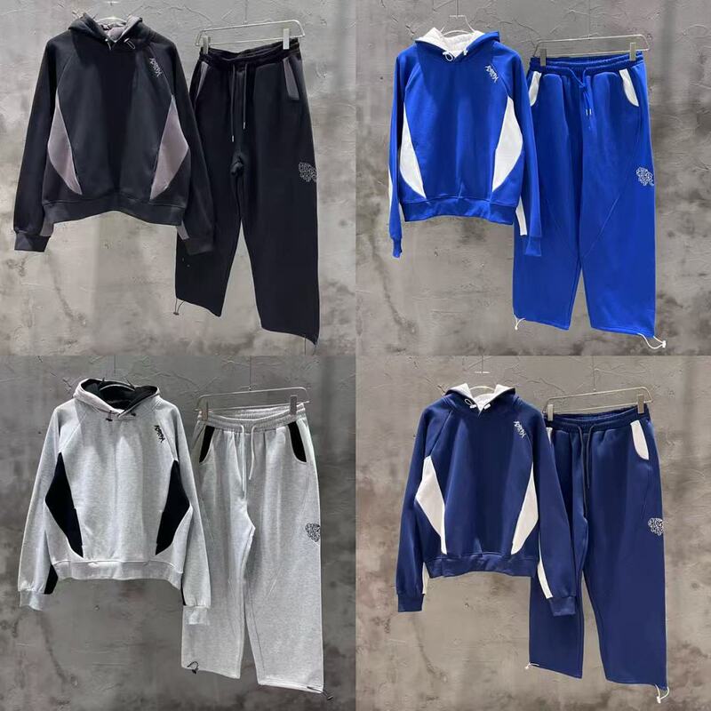 Mertra Niche Fashion Retro High Street Autumn and Winter Sports Casual Color-Blocking Embroidered Fleece-Lined Hooded Sweatshirt and Long Pants for Men
