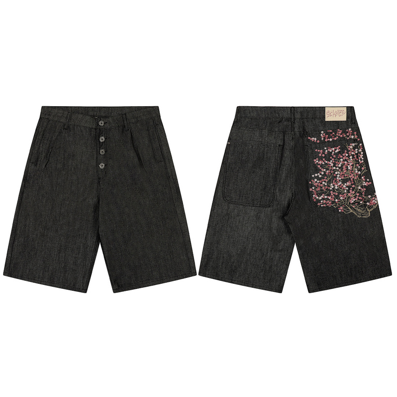Derschutze Denim Niche European and American Fashion Brand Cherry Blossom Heavy Embroidery Washed Straight Denim Shorts