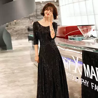Large size evening dress dress women 2021 new dinner Noble elegant temperament host banquet black long winter