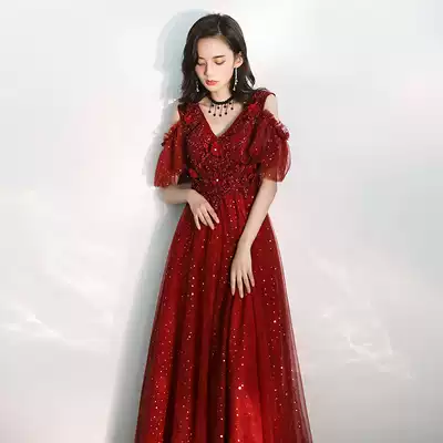 Large size toast, bride 2021 autumn red back home evening dress female wedding long version thin pregnant woman covering arm