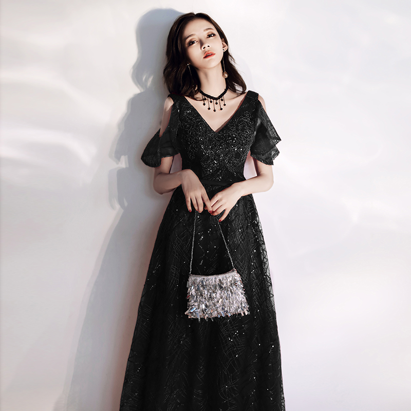 Black Evening Gown Woman 2022 new name Yuanyuan Noble Banquet Gas Field Queen Big Ruler to Thin The Arms Ocean Dress