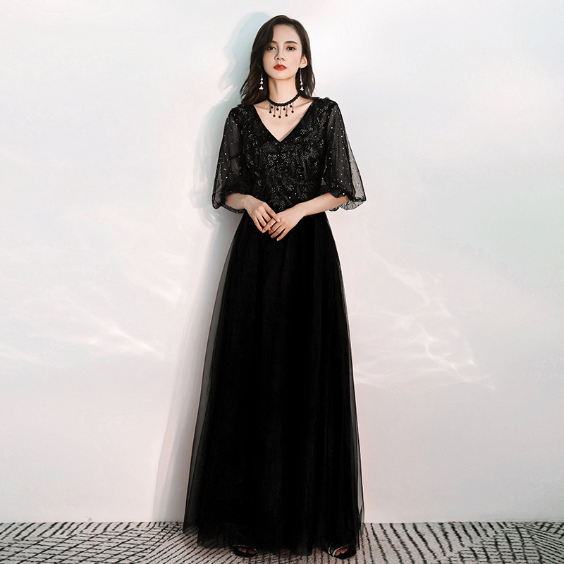 Large size evening dress 2021 New temperament celebrities Noble Banquet host thin elegant black winter dress