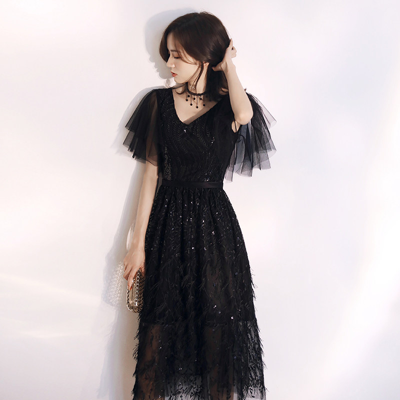 Black evening dress 2021 new noble socialite in the long version of the thin host banquet dress skirt temperament small man