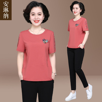 Middle-aged mother summer suit short-sleeved T-shirt new top for senior lady leisure sports suit