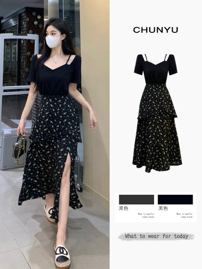 Plus Size 2025 Super Popular French Style Faux Two-Piece Floral Dress for Plus-Size Women, Super Pretty and Unique, Beautiful Dress for Women in Summer