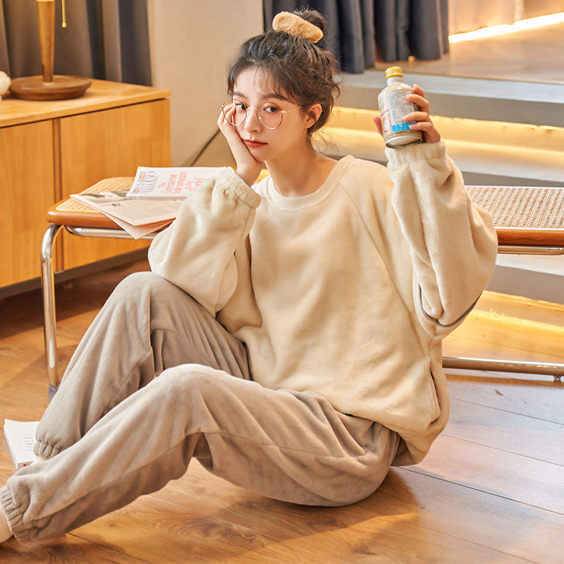 Pajamas women 2022 new winter coral fleece thick plus velvet can be worn outside winter spring autumn winter home wear suit