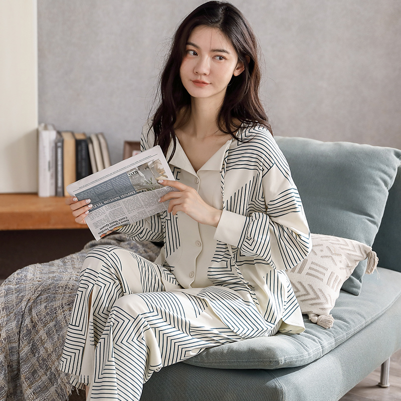Sleepwear lady Spring autumn season pure cotton long sleeves 2021 New Korean version Large size Size Relaxation Home Suit Autumn pregnant woman
