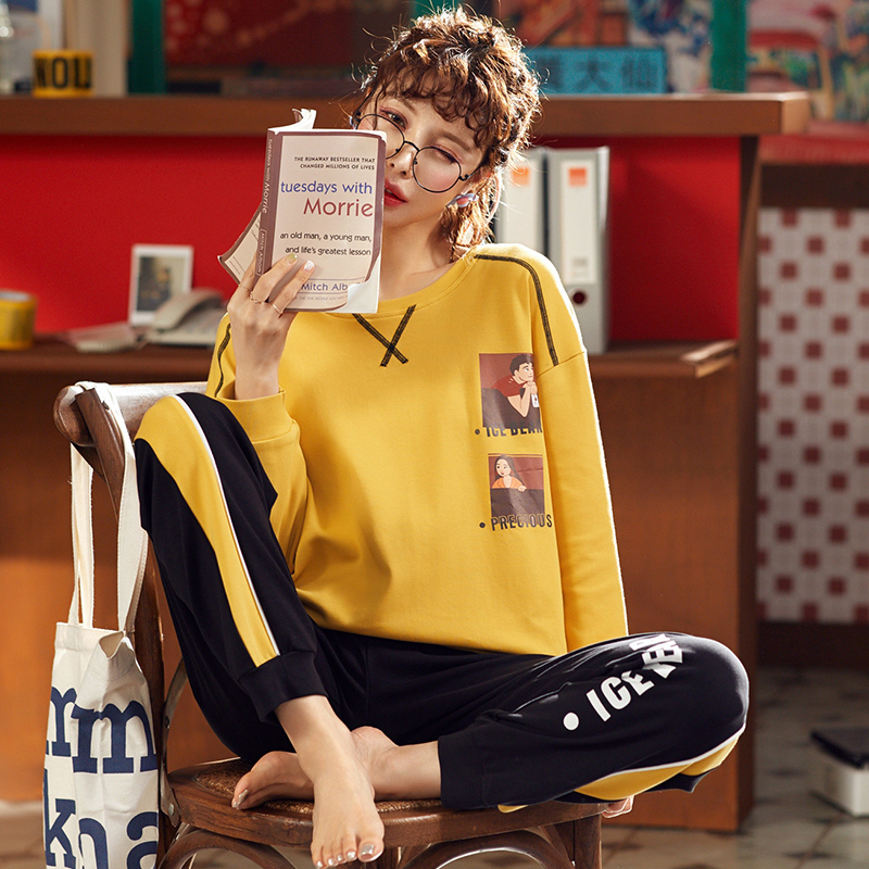 Pajamas women's spring and autumn long-sleeved cotton cute cotton autumn home clothes two-piece suit can be worn outside cotton fashion