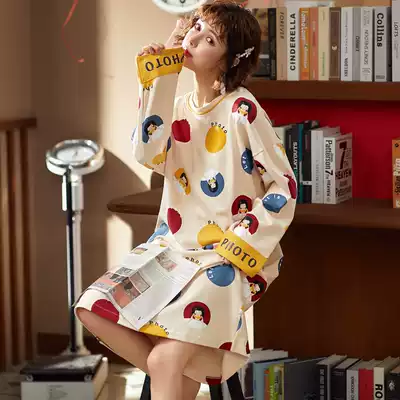 Nightdress women spring and autumn cotton long sleeves can be worn outside Korean sweet long pajamas winter cotton Princess wind autumn and winter