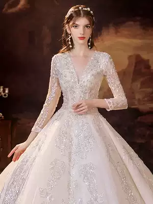 Main wedding dress 2021 new little bride temperament tailing Mori Super fairy high-end luxury French starry sky